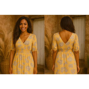 NWT Willow House Floral Maxi Dress Yellow Gray Size Large Boho Cottagecore